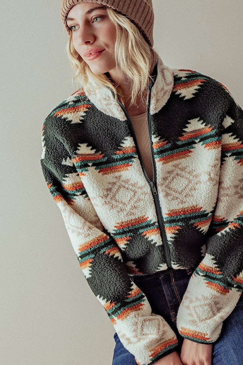 Aztec Cropped Sherpa Jacket