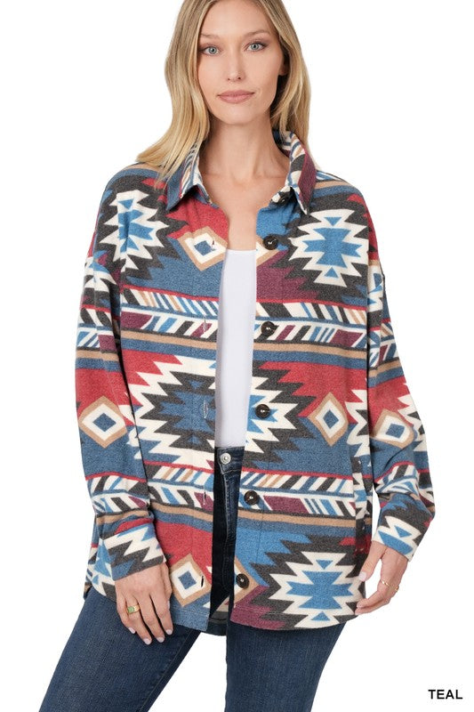 Brushed Aztec Oversized Shacket With Pockets *ONLINE ONLY