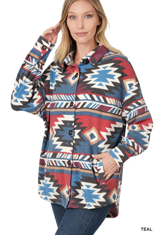 Brushed Aztec Oversized Shacket With Pockets *ONLINE ONLY